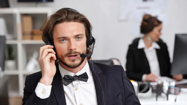 Professional call center agent provides customer support while dressed in formal attire at a modern office environment during working hours