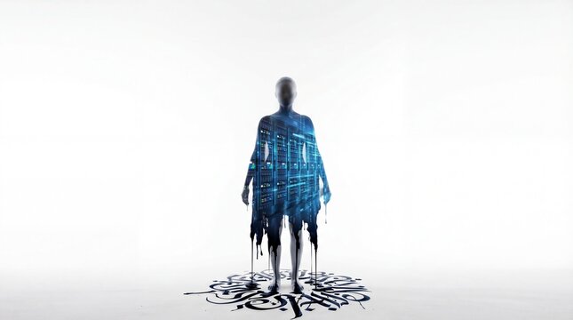 Conceptual Digital Human Figure Representing AI, Data, and Transformation on Minimalist White Background