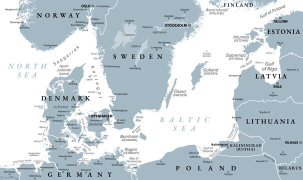 Danish straits and southern Baltic Sea, gray political map. Belts and sounds in Denmark, international waterways, connecting the Baltic Sea through Kattegat and Skagerrak to the North Sea. Vector