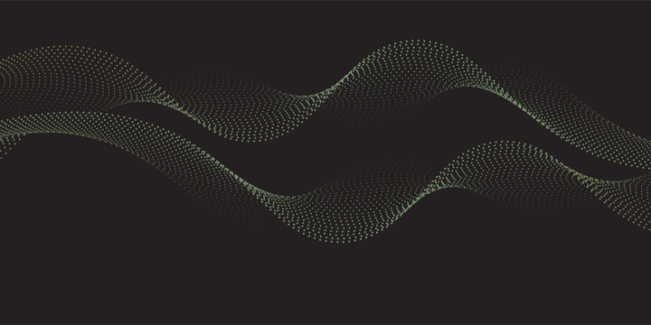 Flowing dots particles wave pattern green and yellow isolated on yellow, orange background gradient. Vector in concept of technology, science, music, vector illustration