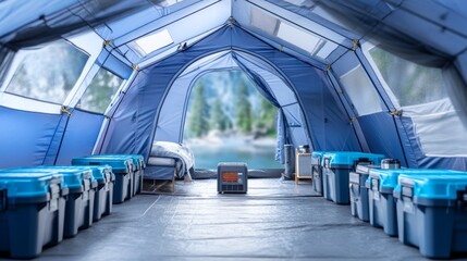 Obraz premium Insulated Tent Interior with Ground Panels and Storage Boxes
