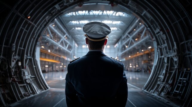 Pilot in Uniform Standing Inside Aircraft Hangar with Dramatic Light