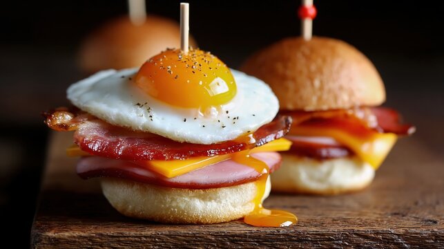 Breakfast sliders with fried egg, bacon, ham, and cheese on a wooden board ready for brunch service