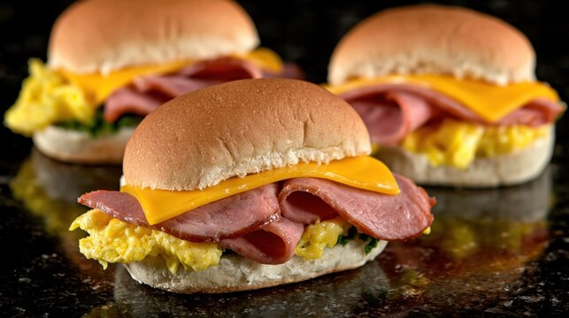 Delicious ham, scrambled eggs, and melty cheese on mini buns, serving convenient breakfast or snack food