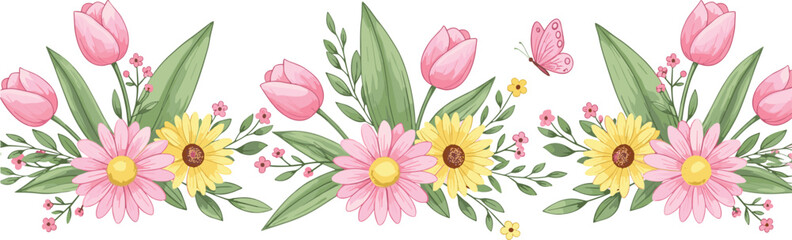 Obraz premium Soft Pink Tulip and Daisy Floral Horizontal Border Vector with Butterfly and Leaves for Spring Wedding Design