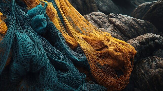 A colorful abstract closeup shows a pattern of old blue and green fishing nets on the dock textured with weathered rope and cotton string