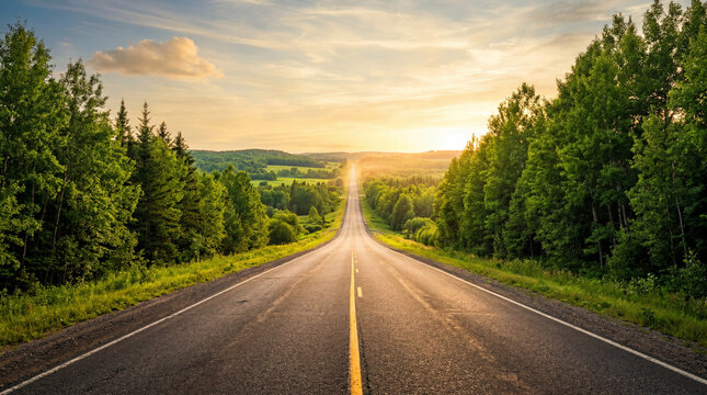 Straight Empty Asphalt Road Stretching Toward the Horizon with Lush Green Trees on Both Sides