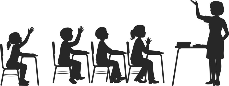 Black Silhouettes of Teacher and Students in a Classroom Setting with Hands Raised children