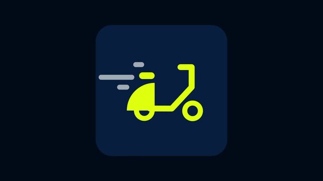 A food delivery scooter icon on a navy blue rounded rectangle featuring a yellow motorbike with a speed motion indicator on the left side