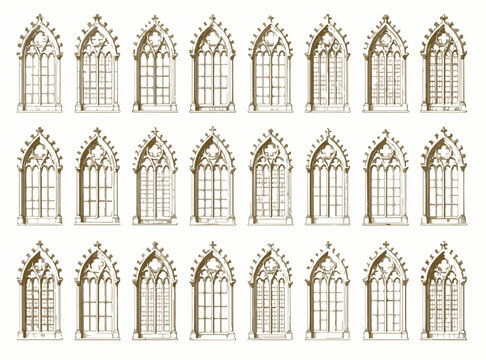 Set of Gothic Window Frames with Ornate Tracery and Pointed Arches Isolated on White Background
