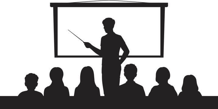 Silhouette of a presenter pointing at a projection screen with an audience in front teacher speaker