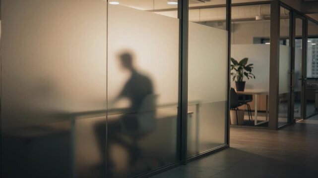 Silhouette of a person working late in a quiet modern office with dramatic shadows and peaceful atmosphere