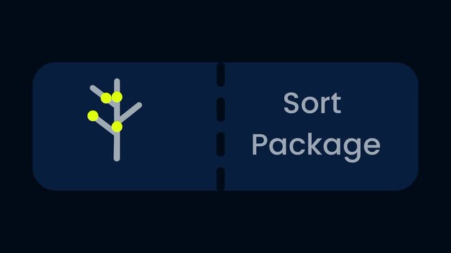 A sort package button on a dark navy background with a yellow plant branch icon on the left and the words Sort Package written in white on the right