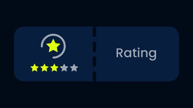 A rating feature button on a dark navy background showing a yellow star badge icon on the left and the bold white word Rating with five stars below