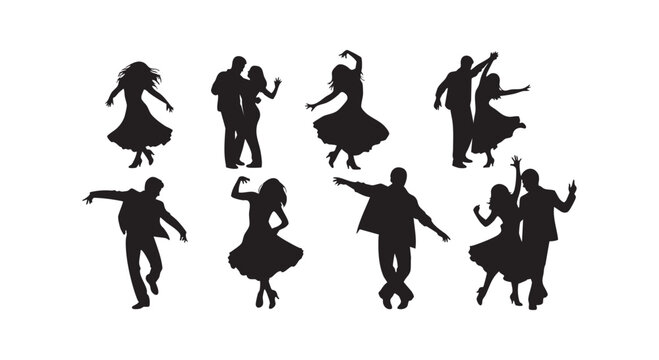 Set of ballroom dance silhouettes featuring diverse couples dancing in various elegant and artistic poses on white background.