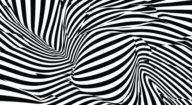 Optical illusion swirling black and white stripes create distorted visual background