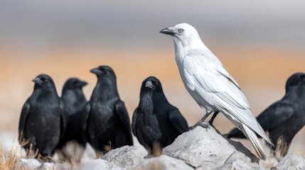 Obraz premium White Raven Surrounded by Black Ravens in Natural Setting