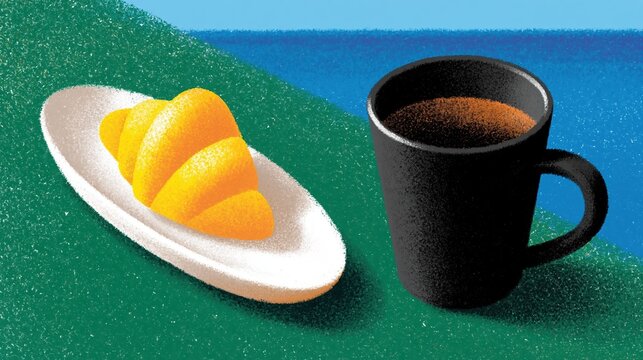 Coffee and croissant breakfast by the sea feeling relaxed on a sunny morning abstract illustration