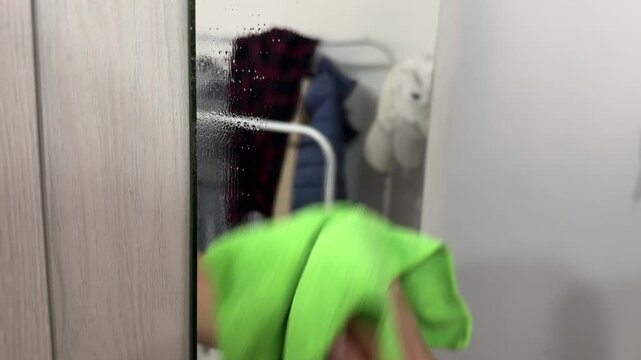 Hand wiping mirror with bright green microfiber cloth. Removing water stains and dirt from glass surface, home cleaning routine