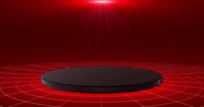 Empty black podium on red digital grid stage with spotlight