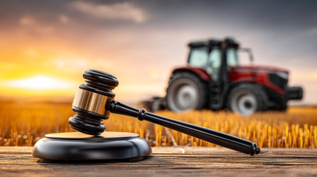 Gavel on Wooden Table Near Wheat Field with Tractor Sunset