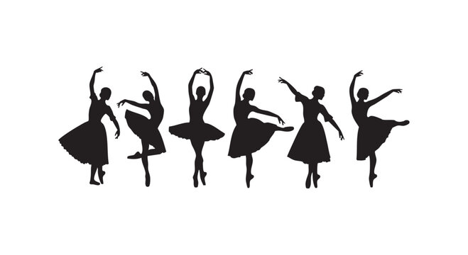Set of black silhouettes of ballet dancers performing various artistic poses isolated on a white background design element.