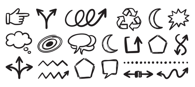 Set of hand-drawn black icons and symbols. Vector doodle sketch style arrows, speech bubbles, moon, recycle, and pointing hand elements.