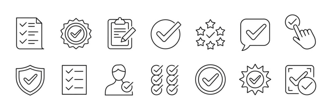 Checkmark thin line icon set featuring approve, confirm, completed and correct symbols, vector illustration for ui, exam, survey and validation concepts.