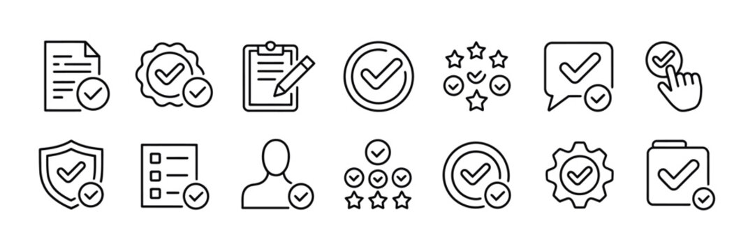 Checkmark thin line icon set featuring approve, confirm, completed and correct symbols, vector illustration for ui, exam, survey and validation concepts.
