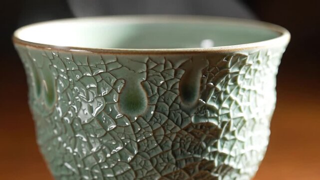 Closeup of a steaming ceramic cup with a unique crackle glaze.