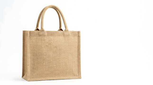 Eco-friendly natural jute tote bag for sustainable shopping isolated on white background with copy space