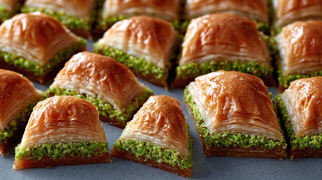 Rows of sweet Baklava pastry triangles with layers of phyllo dough, chopped pistachio nuts, and honey syrup