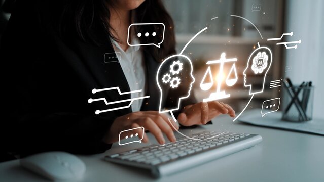Business professional analyzing ethical implications of artificial intelligence while using keyboard with digital graphics representing balance and dialogue Gluon.
