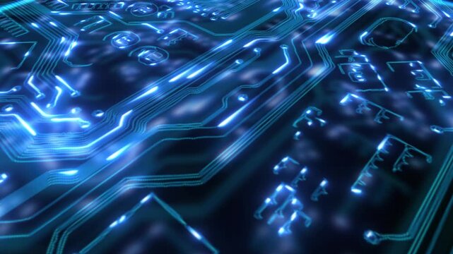 Abstract digital circuit board with glowing blue energy flowing through intricate pathways and illuminated components creating a futuristic technological background for data processing