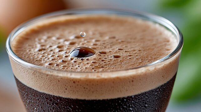 Coffee drop hitting foam in a refreshing dark brew glass, creating a delicate splash and texture