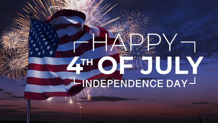 celebrating U.S. Independence Day featuring a waving American flag with twilight sky filled with vibrant golden fireworks. Happy 4th of July Independence Day. Creative patriotic holiday greetings © alones