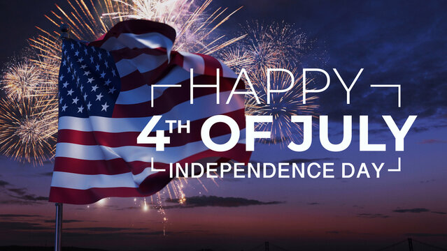 celebrating U.S. Independence Day featuring a waving American flag with twilight sky filled with vibrant golden fireworks. Happy 4th of July Independence Day. Creative patriotic holiday greetings