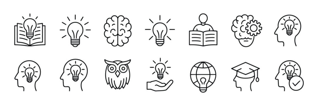 Knowledge and creativity icon set including brain, light bulb, graduation and learning symbols, vector illustration for education, innovation and smart thinking concepts.