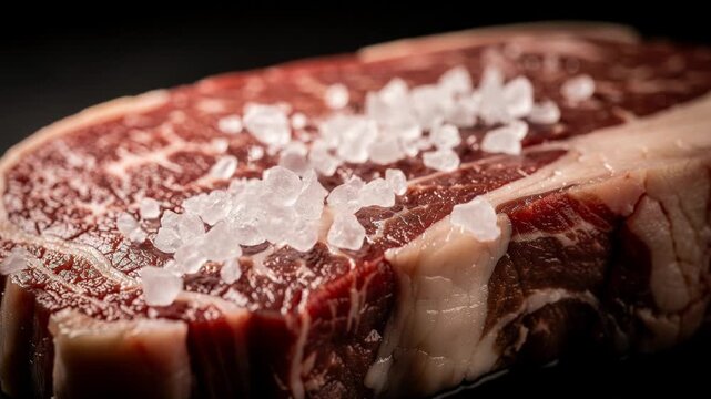 Close up slow motion of raw steak sprinkled with coarse sea salt cooking preparation