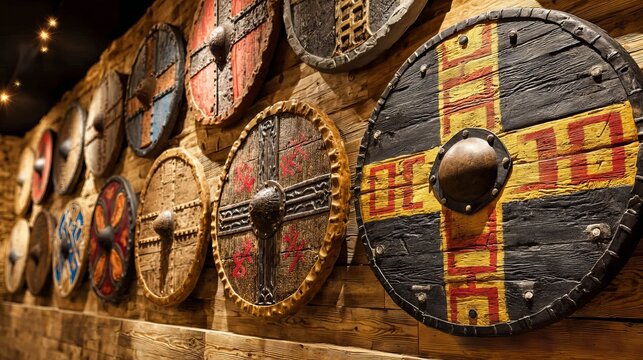 Decorative Shields in Symmetrical Arrangement on Wooden Wall