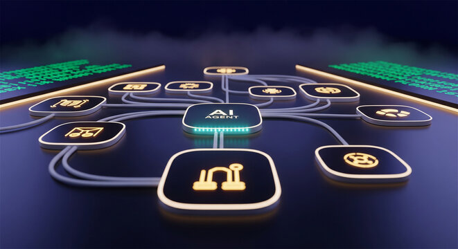 Abstract network of interconnected AI modules and services in a futuristic digital landscape.
