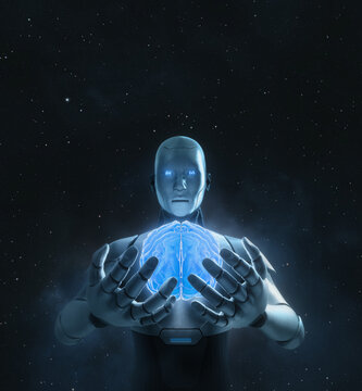 Robot holds glowing brain, showing technology and artificial intelligence control mind concept.