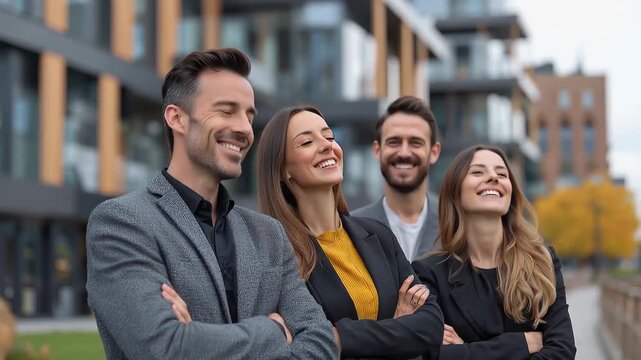 Business team portrait with smiling professionals in a modern outdoor setting during daytime