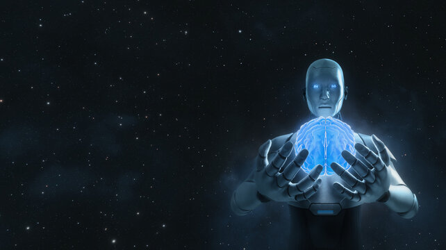 Robot holds glowing brain, showing technology and artificial intelligence control mind concept.