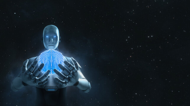 Robot holds glowing brain, showing technology and artificial intelligence control mind concept.
