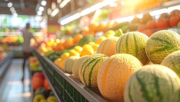 Melons display in bright supermarket produce aisle with shoppers
