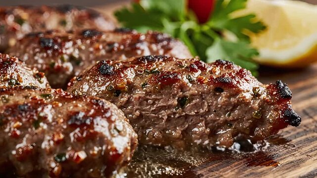 Deliciously Grilled Kofta Kebabs Served on a Wooden Board with Lemon and Parsley.