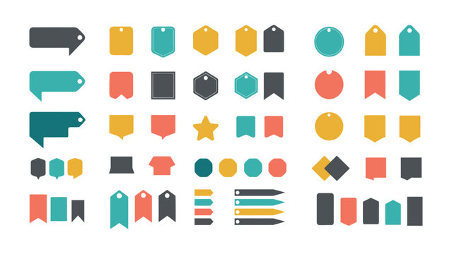Colorful Label Set for Visuals: A vibrant array of diverse shapes and sizes, perfect for adding a touch of flair to your projects, designs, or presentations, creating visual appeal