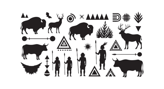 Set of tribal vector illustration elements featuring ancient symbols animals and human figures for authentic designs.
