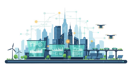 Naklejka premium A futuristic cityscape with skyscrapers and wind turbines under a network of data points and drones flying overhead.